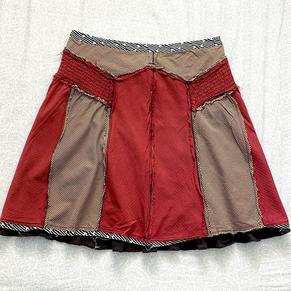 Lux rustic-boho frayed lagenlook midi skirt 100% cotton, red tan